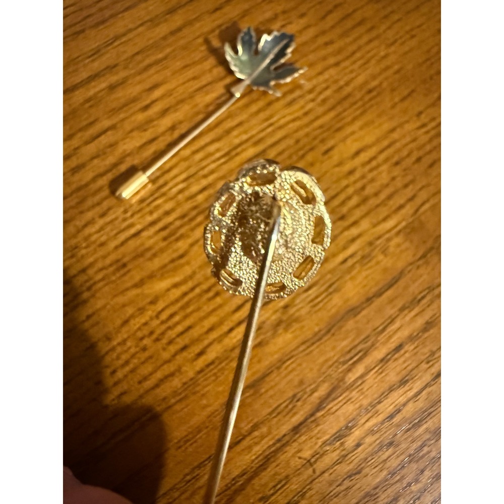Vintage Gold Tone Stick Pin Set Maple Leaf Enamel and Faux Opal Cabochon 2 Piece - Picture 4 of 6